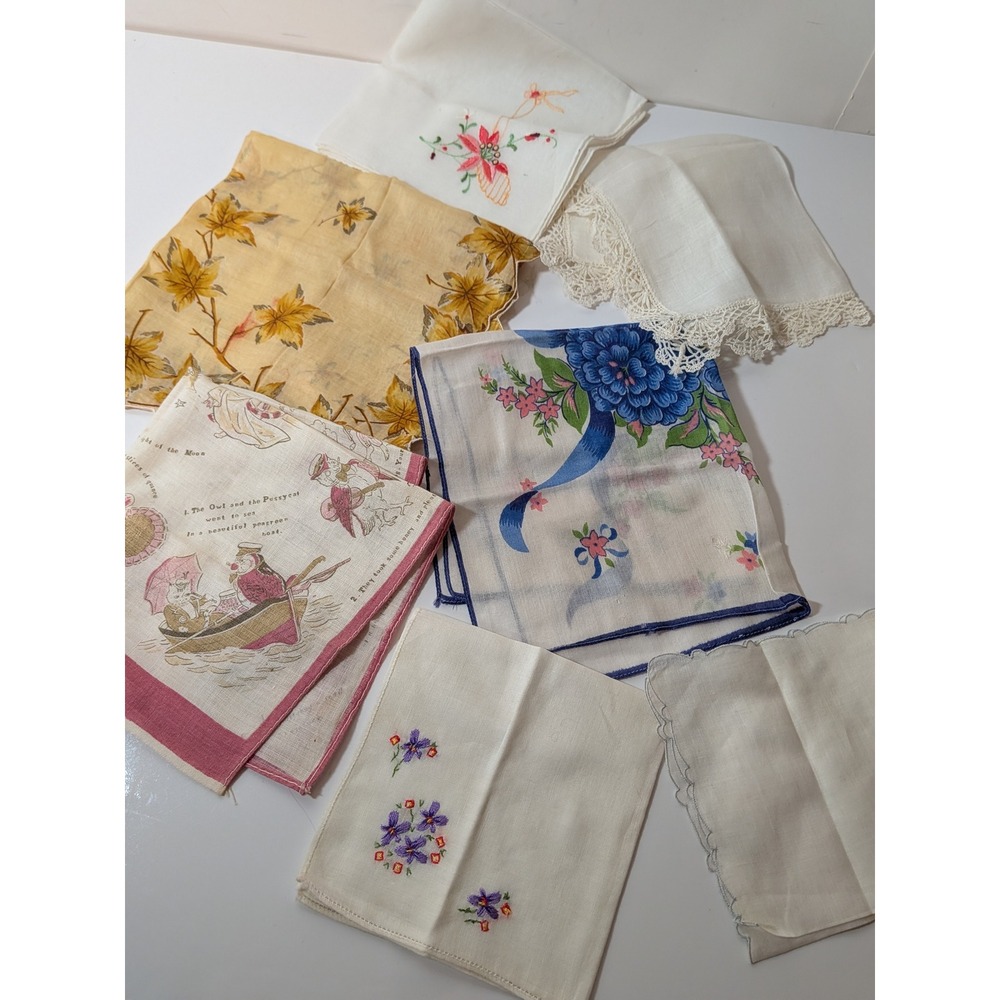 Vintage 1950s Handkerchief Lot 7pc Owl Pussycat Floral Lace Embroidered Cotton